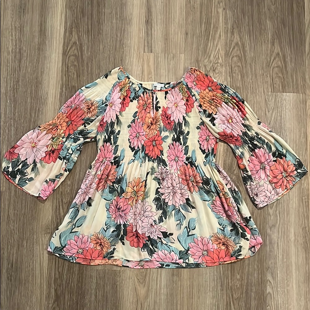 Spense Pink and Cream Ruffled 3/4 Sleeve Blouse